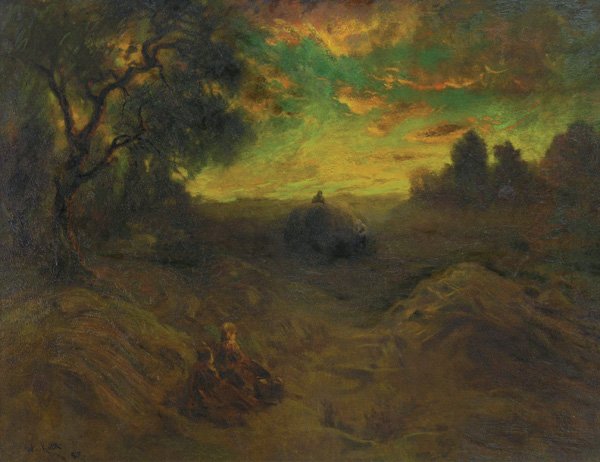 Painting, William Keith, Haystacks at Sunset: Framed oil on canvas laid to board, Haystacks at Sunset, by William Keith (Californian, 1838-1911), signed ''W. Keith SF'' lower left, sight 27.5''h x 35.75''w, overall: 35''h x 43.25''w