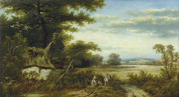 Painting, David Bates, Landscape figures cottage: Framed oil on canvas, Landscape with Figures near a Cottage, 1892, by David Bates (British, 1840-1921), signed ''David Bates'' lower right, sight: 17.425''h x 31.5''w, overall: 25.875''h x 39.75''w