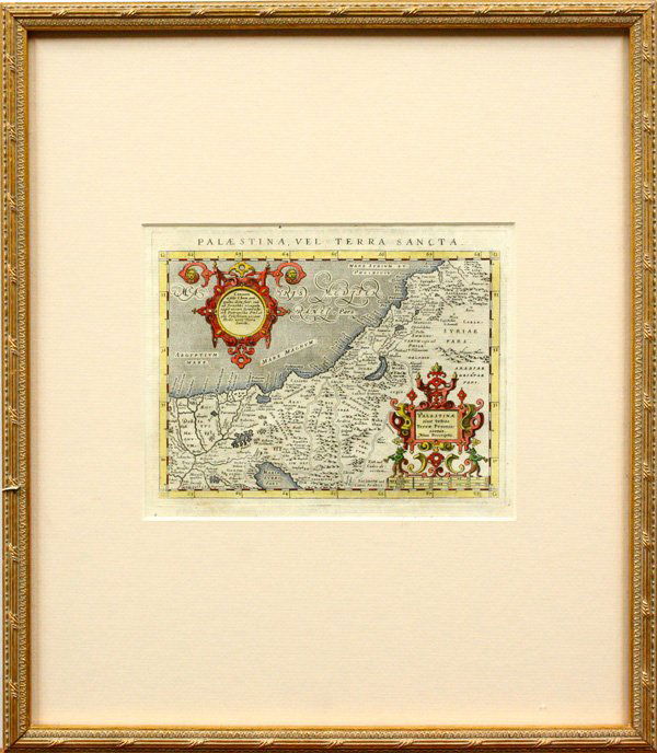 map, Palestine, Magini: Framed hand colored engraved map of Palestine, ''Palaestina, Vel Terra Sancta,'' 18th century, after Giovanni Antonio Magini (Italian, 1555-1617), sight: 5.75''h x 7.25''w, overall: 15''h x 13''w