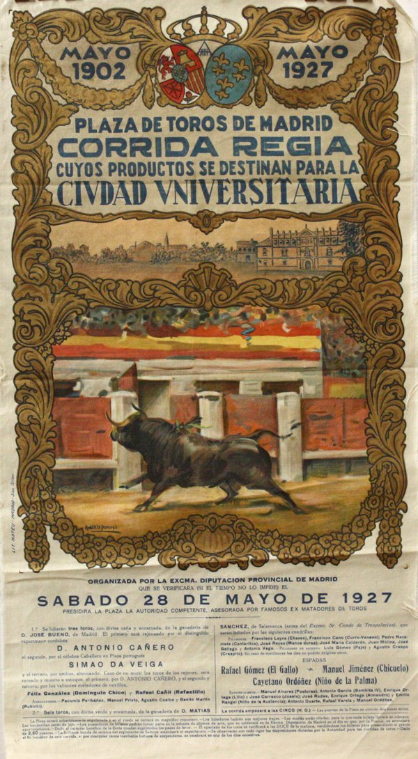 Poster on Silk, Corrida Regia, 1927, Madrid, DAM: (lot of 2) Unframed color lithograph on silk, ''Plaza de Toros de Madrid, Corrida Regia, Cuyos Productios se Destinan Para La Ciudad Universitaria,'' 1927, with an image by Roberto Domingo y Fallola (