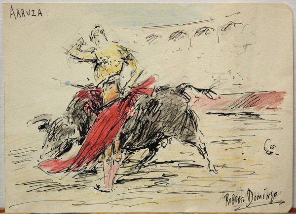 Ink and watercolor, Roberto Domingo, Arruza, DAM: (lot of 2) Unframed ink and watercolors, ''Arruza,'' by Roberto Domingo y Fallola (Spanish, 1883-1956), signed ''Roberto Domingo'' lower right, overall: 6''h x 8.25''w; ''Domingo Ortega, Madrid, 1945,