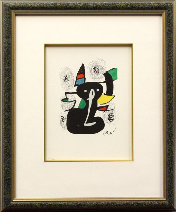 color lithograph, Joan Miro, Le Melodie Acide: Framed color lithograph, ''Le Melodie Acide,'' 1980, by Joan Miro (Spanish, 1893-1983), plate signed lower right, numbered ''1120/1500'' lower left, sight: 12.125''h x 9.125''w, overall: 22.5''h x 18.