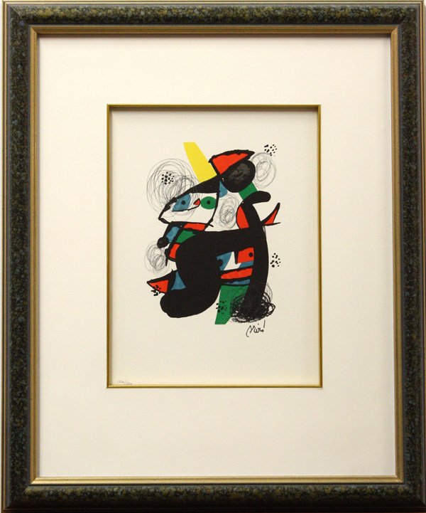 lithograph, Joan Miro, Le Melodie Acide, 1980: Framed color lithograph, ''Le Melodie Acide,'' 1980, by Joan Miro (Spanish, 1893-1983), plate signed lower right, numbered ''1120/1500'' lower left, sight: 12.125''h x 9.125''w, overall: 22.5''h x 18.