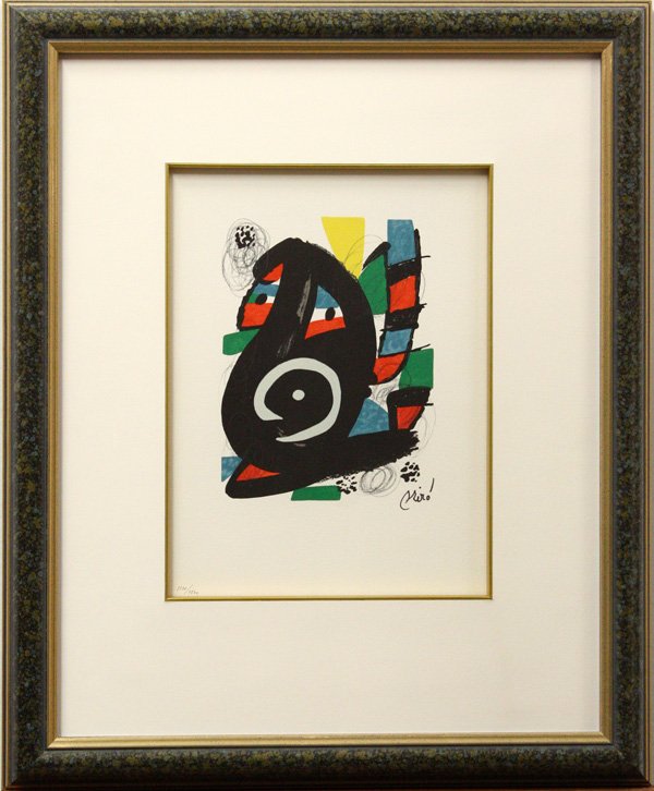 lithograph, Joan Miro, Le Melodie Acide, 1980: Framed color lithograph, ''Le Melodie Acide,'' 1980, by Joan Miro (Spanish, 1893-1983), plate signed lower right, numbered ''1120/1500'' lower left, sight: 12.125''h x 9.125''w, overall: 22.5''h x 18.