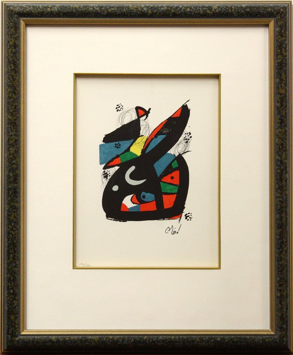 lithograph, Joan Miro, Le Melodie Acide, 1980: Framed color lithograph, ''Le Melodie Acide,'' 1980, by Joan Miro (Spanish, 1893-1983), plate signed lower right, numbered ''1120/1500'' lower left, sight: 12.125''h x 9.125''w, overall: 22.5''h x 18.