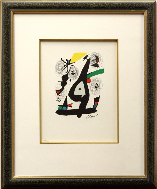 lithograph, Joan Miro, Le Melodie Acide, 1980: Framed color lithograph, ''Le Melodie Acide,'' 1980, by Joan Miro (Spanish, 1893-1983), plate signed lower right, numbered ''1120/1500'' lower left, sight: 12.125''h x 9.125''w, overall: 22.5''h x 18.