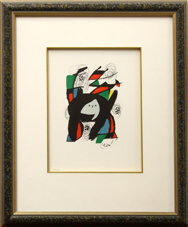 lithograph, Joan Miro, Le Melodie Acide, 1980: Framed color lithograph, ''Le Melodie Acide,'' 1980, by Joan Miro (Spanish, 1893-1983), plate signed lower right, numbered ''1120/1500'' lower left, sight: 12.125''h x 9.125''w, overall: 22.5''h x 18.