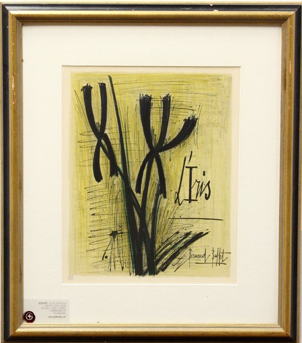 lithograph, Bernard Buffet, Iris: Framed color lithograph, ''L'Iris,'' by Bernard Buffet (French, 1928-1999), plate signed lower right, numbered 167/230 lower left, plate: 14.125''h x 11.25''w, overall: 23.75''h x 20.75''w