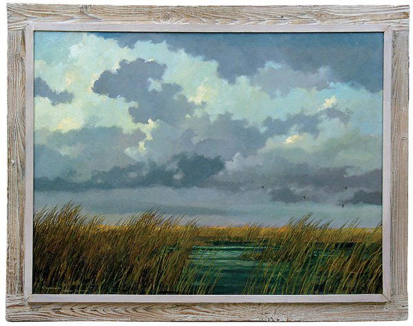 painting, Eric Sloane, Ducks, Marshland: Framed oil on Masonite, Ducks Flying over the Marshland, by Eric Sloane (American, 1905-1985), signed ''Eric Sloane'' lower left, inscribed ''To the Weickers'' lower left, sight: 29.5''h x 39.75''w, o