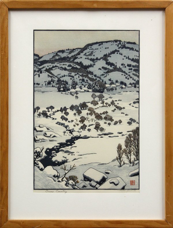 Framed Japanese Modern Print, Toshi Yoshida: Framed Japanese modern woodblock print, by Toshi Yoshida (1911-1995), entitled 'Snow Country', signed in pencil, with one seal, overall 21'' x 15.75''; sight 15'' x 9.5''; Provenance: former collectio