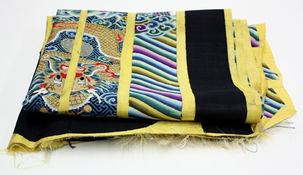 Chinese Textile Fragments/Banner, Dragon: Chinese kesi and woven silk textile panel/banner, pieced with black fragments decorated with a meandering metallic dragon and lishui border all stitched to a yellow ground, 83.5''h x 25.25''w Provenan