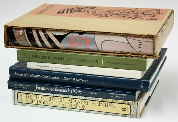 Japanese Print Reference Works: (lot of 6) Reference works for Japanese woodblock prints: Theodore Bowie, 'Art of Surimono', 1979; Roger Keyes & Keiko Mizushima, 'The Theatrical World of Osaka Prints', 1973; David Waterhouse, 'Image