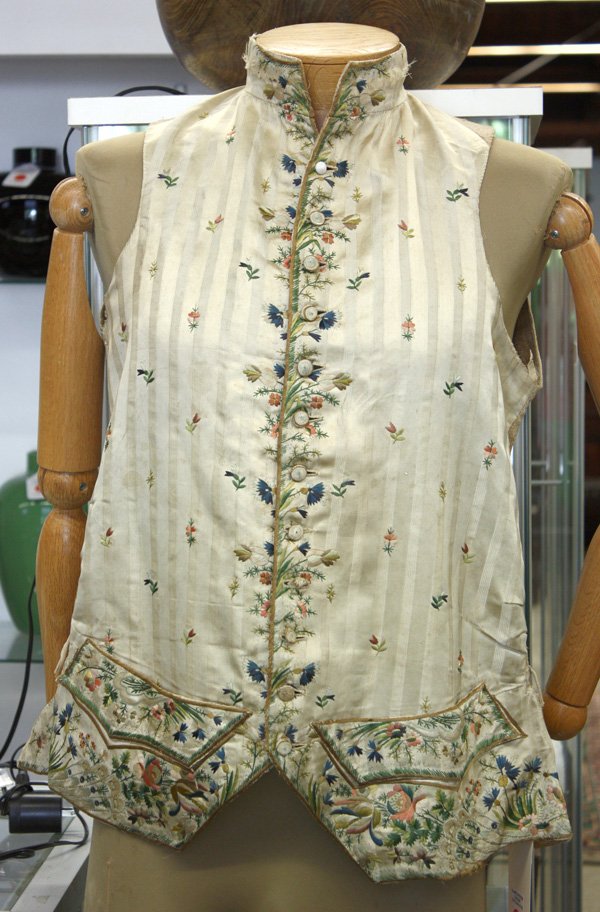 18th century formal floral embroidered silk vest,: 18th century formal floral embroidered silk vest, with homespun backing (appears intact, top button is ceramic, very minor wear)