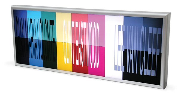 Lightbox, print, Simon Patterson, Western, DAM: Cibaopal print on lightbox, "Western: For a Few Dollars More," 1998, by Simon Patterson (British, b.1967), signed "Simon Patterson" verso, titled and dated verso, sight: 18"h x 48"w, overall: 20.25"h