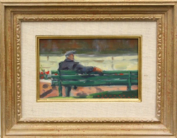 Painting, Man on Bench, Richard Montpetit: Framed oil on masonite, ''Le vieux,'' 1986, by Richard Montpetit (Canadian, b.1950), signed lower right, titled and dated verso, inscribed verso, overall: 10 3/4''h x 13 3/4''w. Note: bill of sale and
