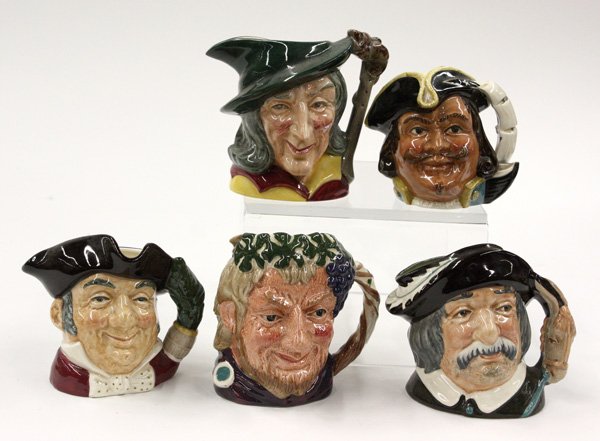 Royal Doulton, Toby jugs: (lot of 5) Assorted Royal Doulton Toby character jugs, Bacchus, Pied Piper, Sancho Panca, Mine Host, and Capt. Henry Morgan, tallest 4''h