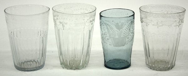 Mold blown flip glass: (lot of 4) Two Stiegel type, wheel etched flip glasses with ribbed bodies, 5.75''h; wheel etched early 19th century glass tumbler - Czechoslovakian, 5.5''; and a flip glass with ribbed body, 6.75''h D