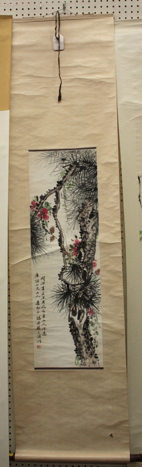 Chinese Scroll, after Zhao Ziqian, Pine/Prunus: Chinese hanging scroll, Pine and Prunus, after Zhao Ziqian (1829-1884),ink and color on paper, the lower left inscribed with colophon, dated 'Tongzhi nian wei wu yue' (=fifth month of Tongzhi; corresp