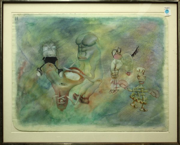Mixed Media, Surrealist Portrait, 20th century: Framed mixed media on paper, Surrealist Portrait, signed indistinctly upper left, 20th century, overall: 28''h x 35''w