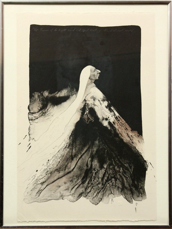 lithograph, Frank Howell, 1976: Framed color lithograph, Fusion of the Night, Wind and Spirit Waiting, 1976, by Frank Howell (American, b. 1937), pencil signed, dated and numbered 56/75 at upper margin, plate: 19 1/4''h x 12''w, ove