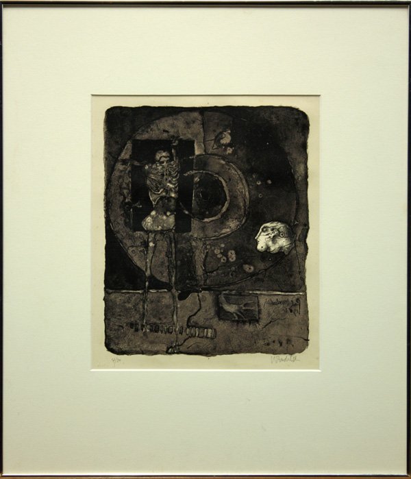Lithograph, Paul Wunderlich, Don't Shoot: Framed lithograph, Don't Shoot, circa 1961, by Paul Wunderlich (German, b.1927) signed ''Winderlich'' lower right, numbered 4/20 lower left, (catalogred #130), image: 11.5''h x 9.5''w, overall: 22.125