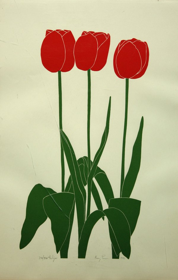 Linocuts, Botanical, Henry Evans: (lot of 3) Framed linoleum cut prints, Botanicals, by Henry Evans (Californian, 1918-1990), comprising of: ''Tulips,'' ''Trillium,'' ''Pine,'' each pencil signed and titled, each numbered and dated, l