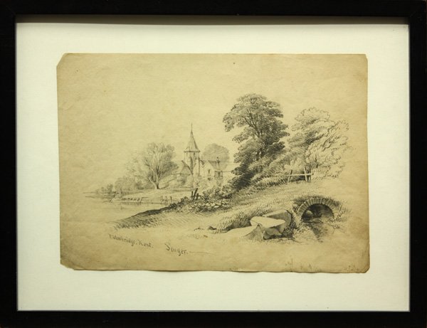 drawing, Edenbridge Kent, Edward Seager: Framed pencil drawing ''View of Edenbridge Kent,'' by Edward Seager (American, 1809-1886), signed and inscribed lower left, overall: 13.75''h x 17.75''w