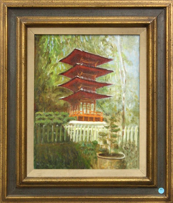 painting, Pagoda, Palmer: Framed oil on board, Pagoda, signed and dated indistinctly lower right, ( _ Palmer?), overall: 26.5''h x 22.5''w