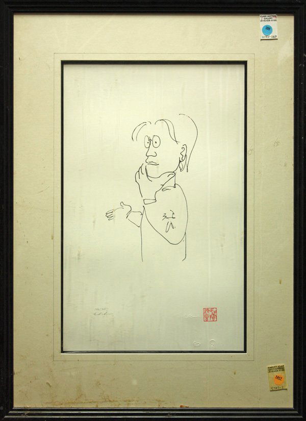 print, John Lennon: Framed print, John Lennon, pencil signed indistinctly and numbered 106/300 lower left, stamped and embossed lower right, overall: 30.25''h x 22.25''w