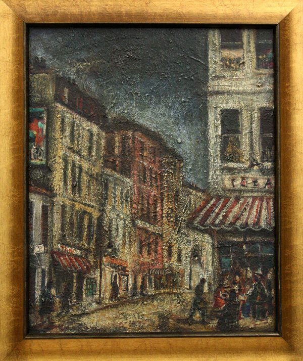 painting, Pascal Cucaro, Street Scene: Framed oil on board, Street Scene, by Pascal Cucaro (Californian, 1915-2004), unsigned, overall: 30.25''h x 25.5''w