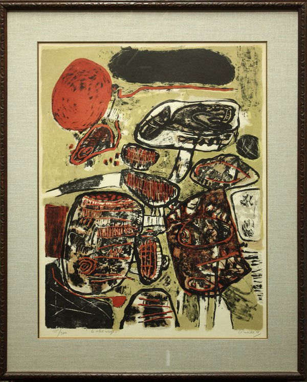 Color litho, Corneille, Le Soleil Rouge: Framed color lithograph, ''Le Soleil Rouge,'' 1963, by Corneille (Dutch, b.1922), signed lower right, numbered lower left, titled center, overall: 34.5''h x 28.25''w