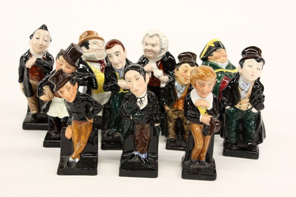 Royal Doulton figurines: (lot of 11) Royal Doulton figurines consisting of two ''Artful Dodger''; ''Becksniff''; ''Uriah Heep''; ''David Copperfield''; ''Trotty veck''; ''Bumble''; ''Captain Cuttle''; and 'Buzfuz'' 4''