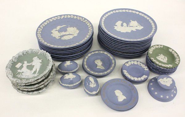 Wedgwood and Jasperware: (lot of 43) Collection of Wedgwood and Jasperware including Christmas commemorative plates representing years 1969-1973, 1975, 1978, and 1980; two Apollo Eleven-Man on the Moon commemorative plates; a
