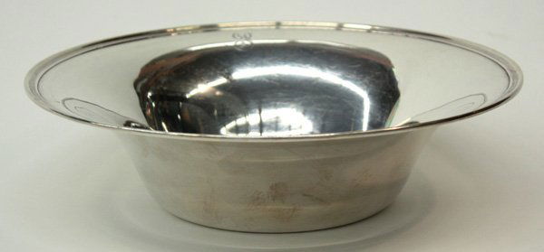 Shreve sterling silver bowl: (lot of 2) Shreve sterling silver bowl, with flaring, circular rim, monogrammed 'P', stamped '7951', 9''d, together with an S. Kirk and Son sterling silver circular serving bowl having flared and step