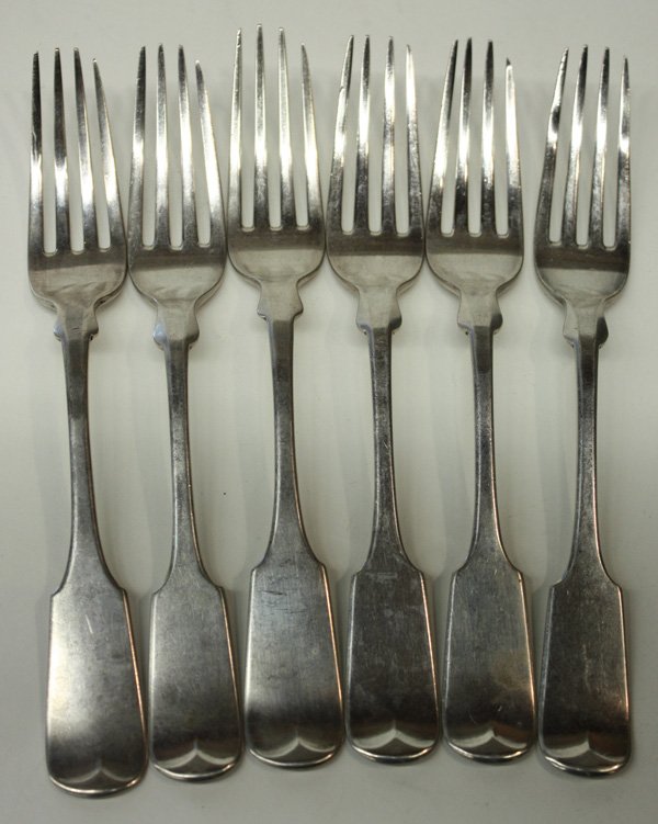 Bailey & Kitchen forks: Set of six silver Bailey & Kitchen (Philadelphia, active circa 1833-1846) fiddleback dinner forks engraved 'Phillips', bearing maker's mark in four stamps including three pictorial stamps, silver puri