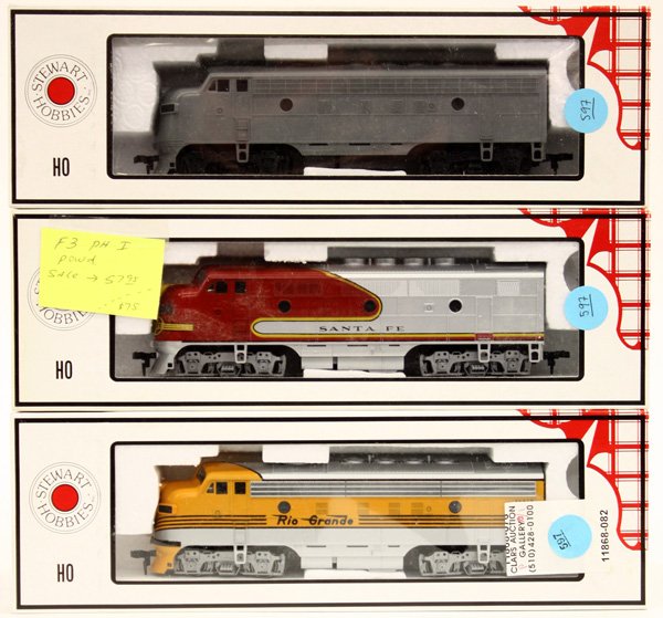 stewart hobbies HO scale locomotives: (lot of 3) Stewart Hobbies HO Scale locomtives, including F7A Phase II Powered D & RGW (Yellow 4 stripe)stock no. 9230; F3 Phase I Pwd. Santa Fe (passenger) stock no. 8010; and F7A Phase I late Powere