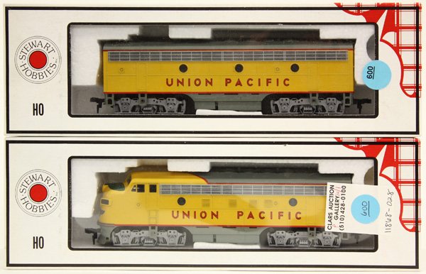 stewart hobbies HO scale locomotives: (lot of 2) Stewart Hobbies HO Scale locomotives, including F7A Phase I late Powered Union Pacific stock no. 9180; and F7B Phase I late Powered Union Pacific stock no. 9181