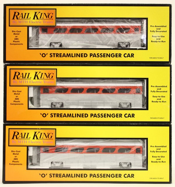 Trains: (lot of 6) Five O scale train cars: Union Pacific Pacific fruit Express, 4- Rail King 'O' Streamlined Passenger Cars, and a Pacific Rail Shops S scale 3 bay covered hopper car kit