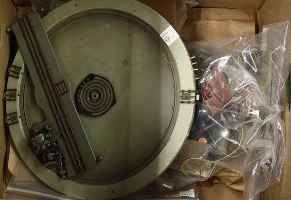 Trains: Box containing vintage grey painted roundabout, train crossings etc.