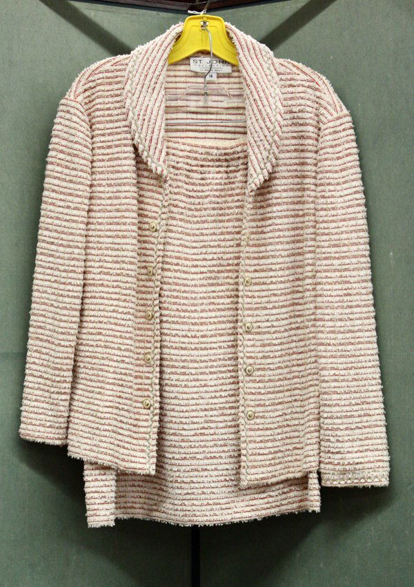 Oscar de la Renta, St. John skirts: (lot of 2) Oscar de la Renta coral colored, patterned cotton skirt set including three-quarter length jacket with notched collar and circular mother of pearl style buttons, and straight skirt, retaini