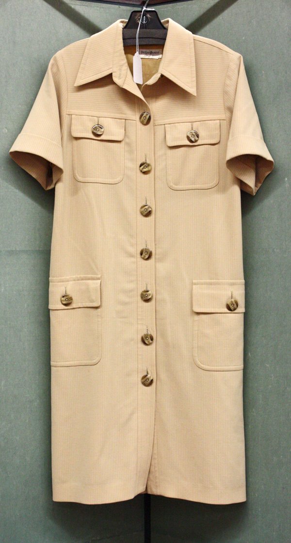 Yves Saint Laurent, Laundry, Dana Buchman dresses: (lot of 3) Yves Saint Laurent Encore camp style shirt dress in tan fabric with white pinstripes; with a Laundry by Chelli Segal navy blue short sleeve dress, size L; and a Dana Buchman silk navy silk 