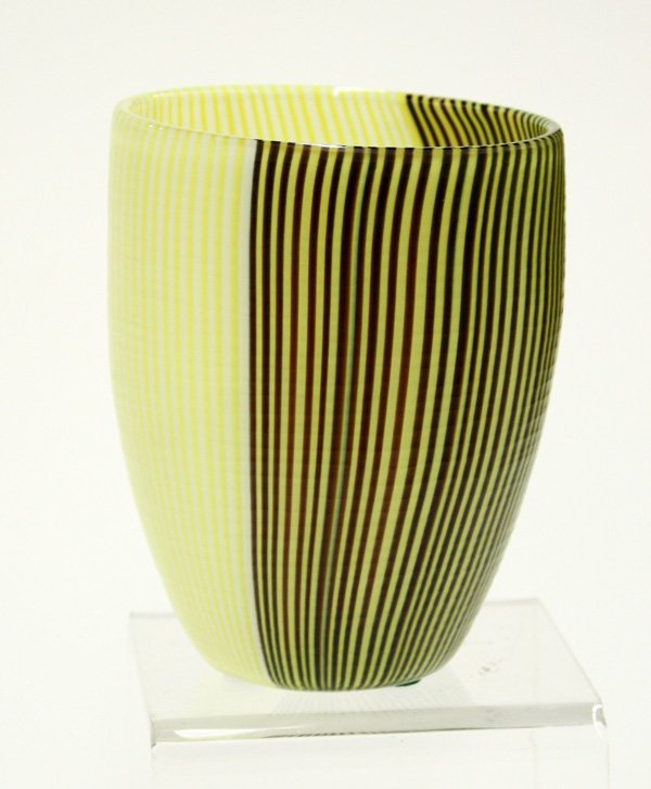 Italian Art Glass Vase, Paolo Venini: Paolo Venini (Italian, 1895-1959) for Venini, 'Tessuto Battuto' vase having matte finish, cup form with slightly tapering lower, with black, bright yellow, and light grey vertical stripes contrasting 
