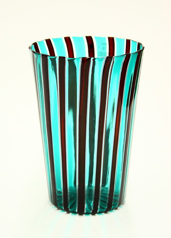 Italian Art Glass Vase, Paolo Venini: Paolo Venini (Italian, 1895-1959) 'Canne' vase, having cylindrical form, with forest green, clear, and black colored alternating vertical stripes, signed 'Venini Italia 82', 8.5''h