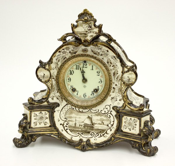 Ansonia Mantle Clock, Royal Bonn Ceramic Case: Ansonia, Brown delft mantel ''china clock'', Royal Bonn, 12'h X 13''w