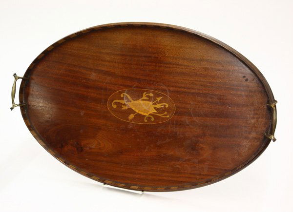 Mahogany Serving Tray, Georgian Style, 20th C.: Georgian style 20th century mahogany tray with shield inlay patera and parquetry gallery, 24''w