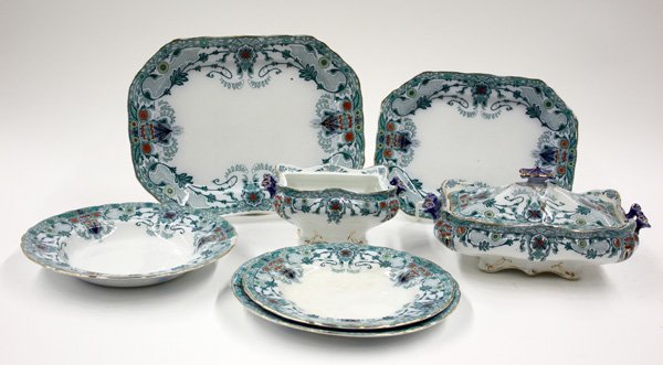 Burgess & Leigh English Porcelain Dinner Service: (lot of 30) Partial porcelain dinner service, Burgess and Leigh, late 19th century. Floral border green and cobalt blue with gilt enamel. Consisting of: 12 service plates, 6 dinner plates, 6 soup bowl