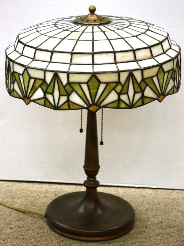 Stained and leaded glass table lamp: Stained and leaded glass table lamp, Lamb Bros & Greene, circa 1920, unsigned, 17''d