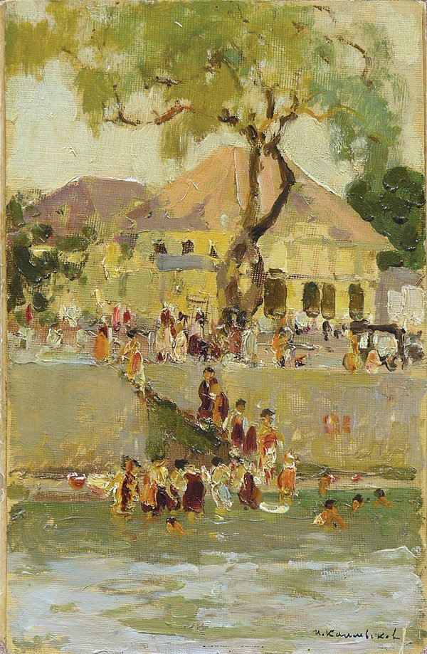 Painting, Ivan Leonidovich, People Bathing: Unframed oil on paper laid to cardboard, People Bathing in a River in Java, by Ivan Leonidovich Kalmykov (Russian, 1866-1925), signed in Cryllic lower right, inscribed verso, overall: 10''h x 6.5''. P
