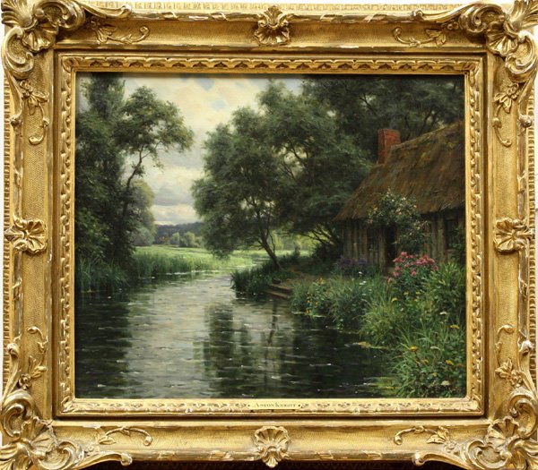 painting, Louis Aston Knight, Cottage Normandy: Framed oil on canvas, ''The Willow Cottage, Normandy,'' by Louis Aston Knight (American, 1873-1948), signed and inscribed ''Aston Knight, Paris,'' lower right, label affixed verso, sight: 17.5''h x 21