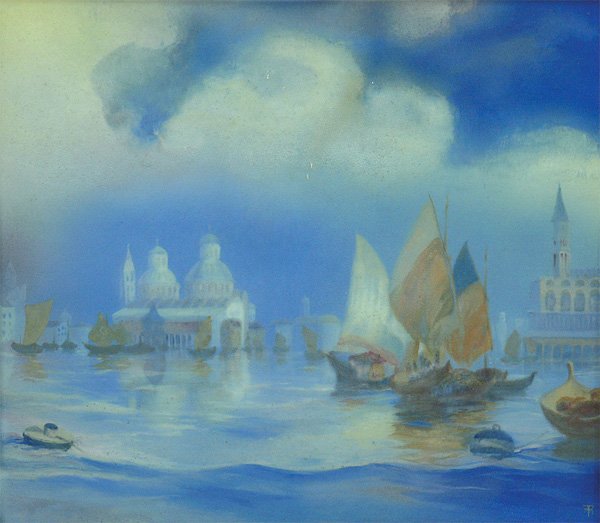 painting, Fred Rothenbush, Venice, Rockwood artis: Framed painting on vellum plaque, ''Sailboats Venice,'' by Fred Rothenbush (American, 20th century) initialed ''F.R.'' lower right, sight: 13.75''h x 15.75''w, overall: 20.5''h x 22.5''w. Note: Fred R